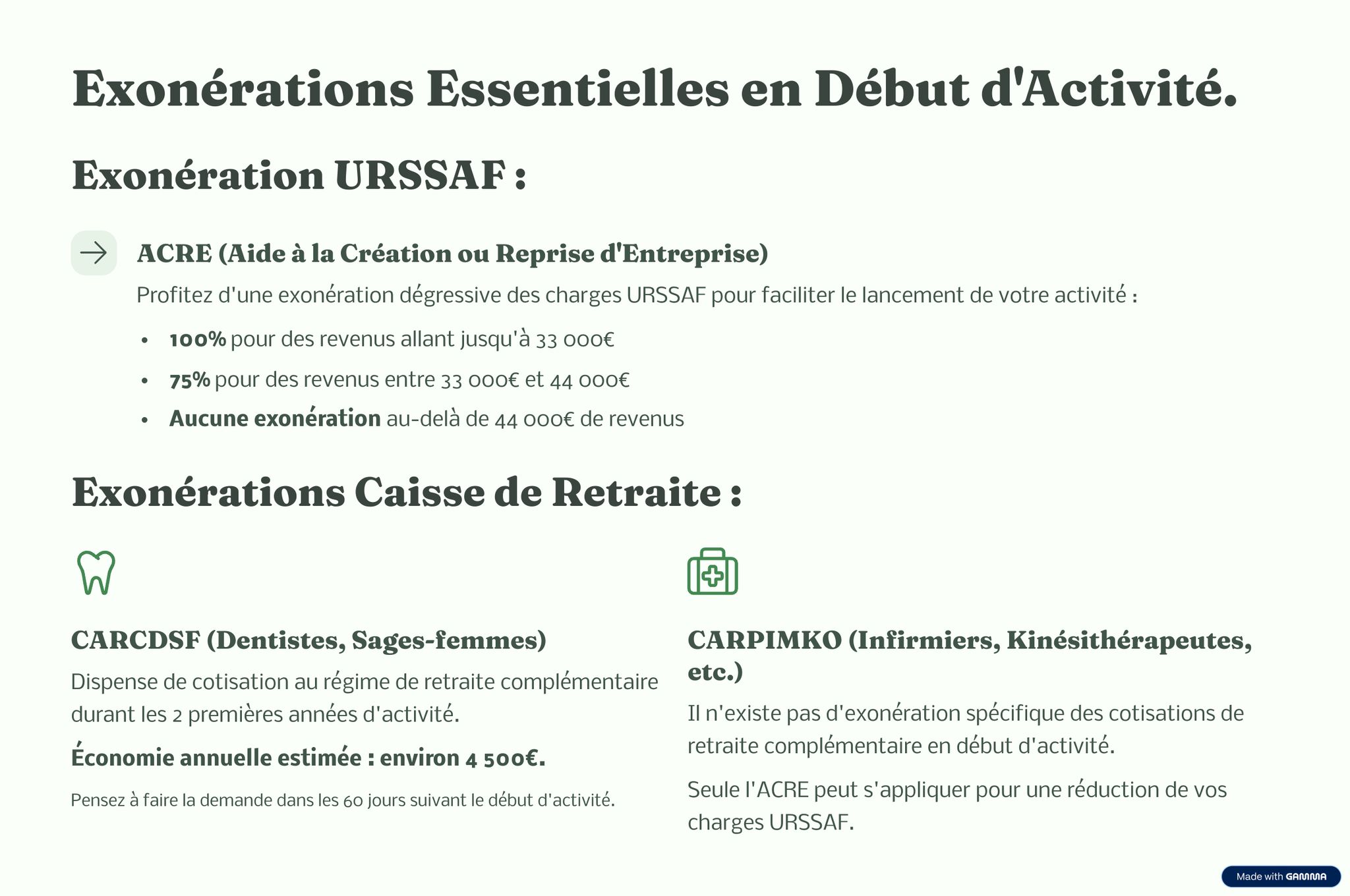 Exonérations début d'activité : ACRE, caisses de retraite